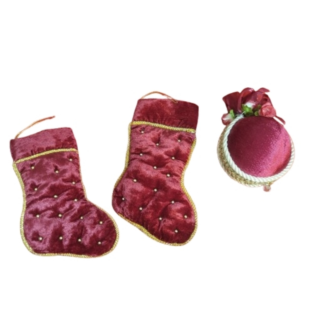 Red Velvet Christmas Stockings and Ornament Set Gold Trim